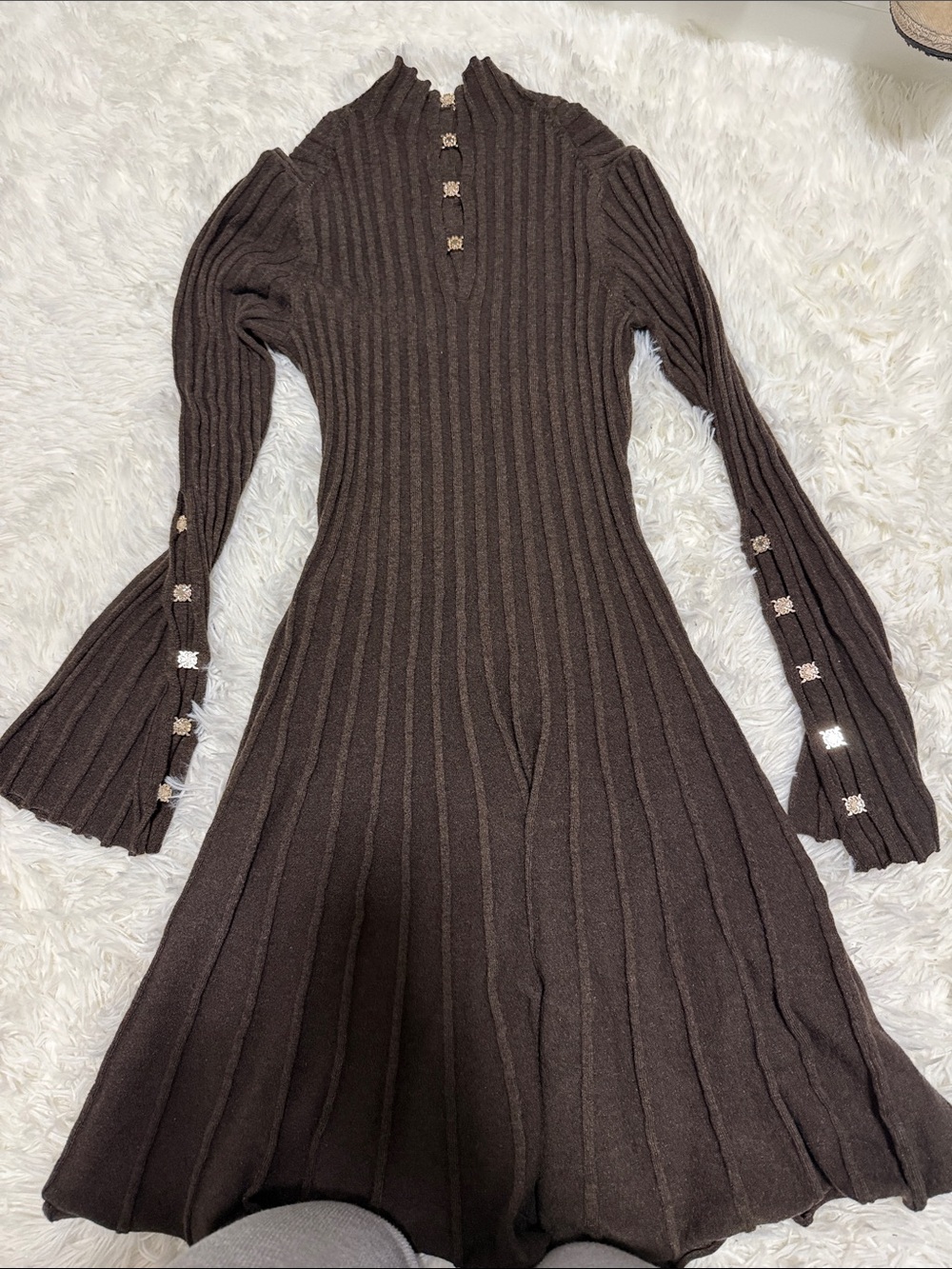 Maje Brown Ribbed Fit-and-Flare Knit Dress with Decorative Buttons